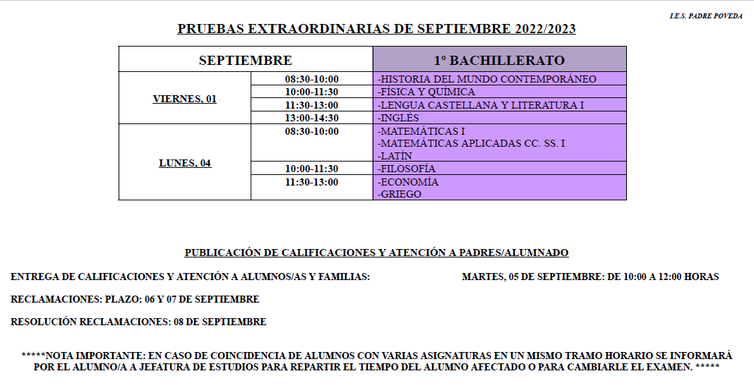 PRUEBAS EXTRAORDINARIAS SEPTIEMBRE 22 23